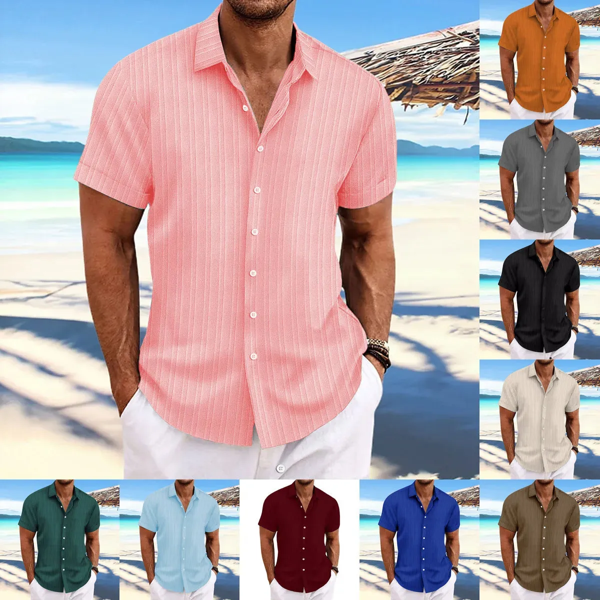 2024 Men's striped jacquard lapel casual fashion comfortable loose short sleeve Hawaiian multicolor shirt