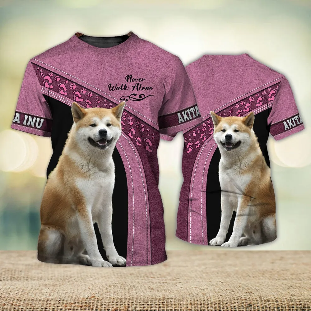 3D Dog T Shirts, Akita Inu Love Never Walk Alone All Over Print T-Shirt, Gift For Pet Loves