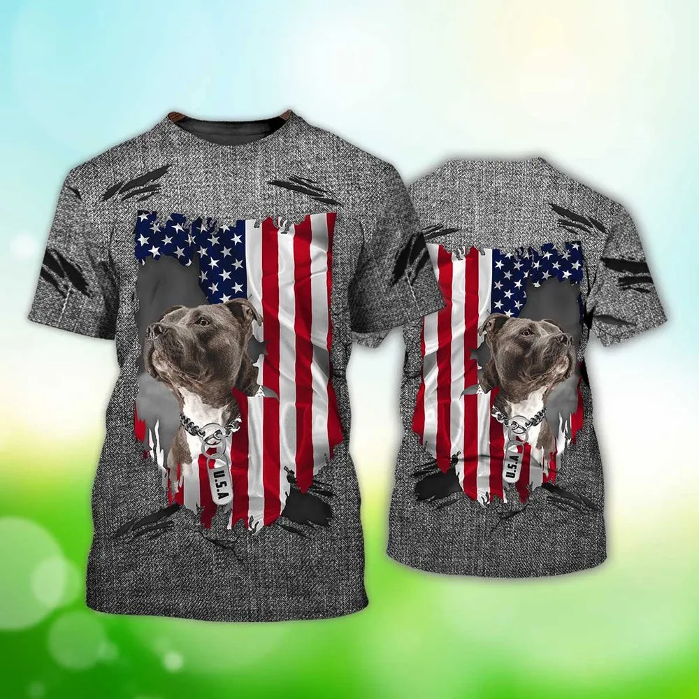 3D Dog T Shirts, American Flag Pitbull All Over Print T-Shirt, Gift For Pet Loves