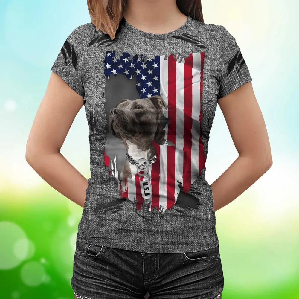 3D Dog T Shirts, American Flag Pitbull All Over Print T-Shirt, Gift For Pet Loves