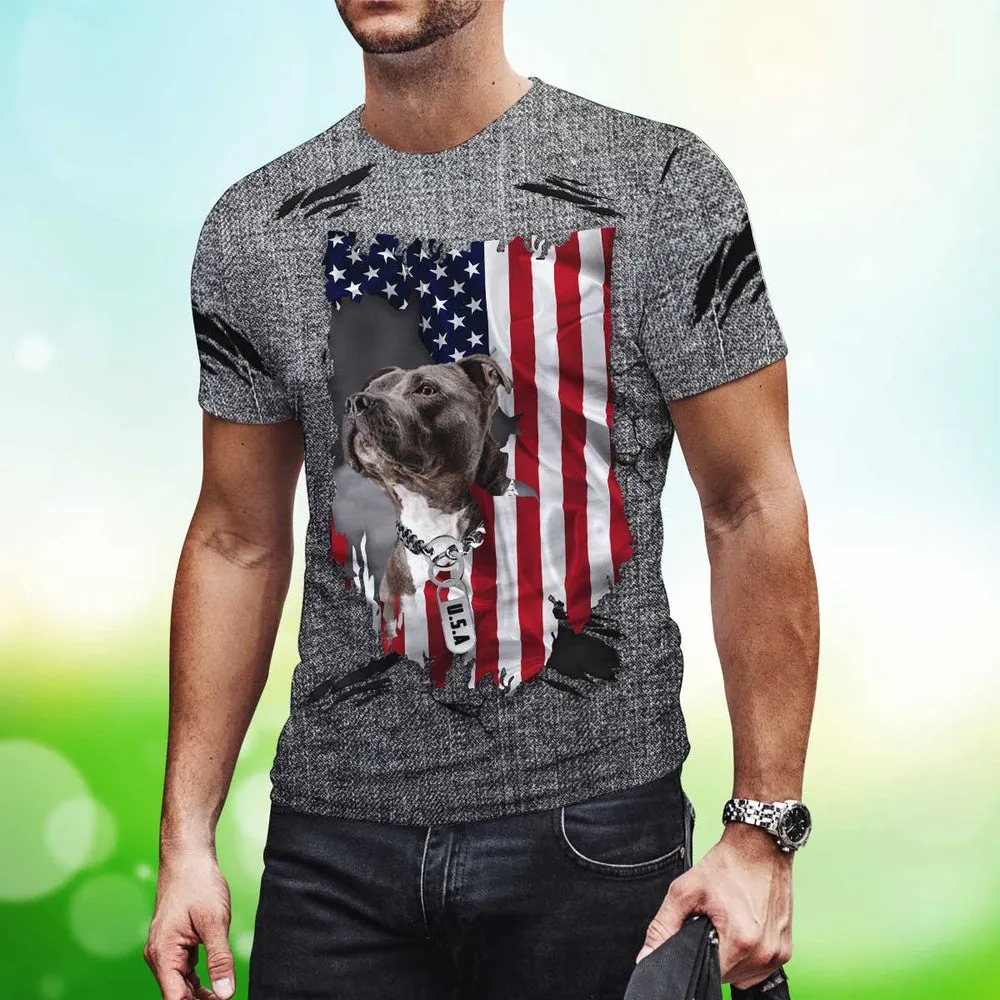 3D Dog T Shirts, American Flag Pitbull All Over Print T-Shirt, Gift For Pet Loves