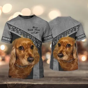 3D Dog T Shirts, Cocker Spaniel Brown Love Never Walk Alone All Over Print T-Shirt, Gift For Pet Loves