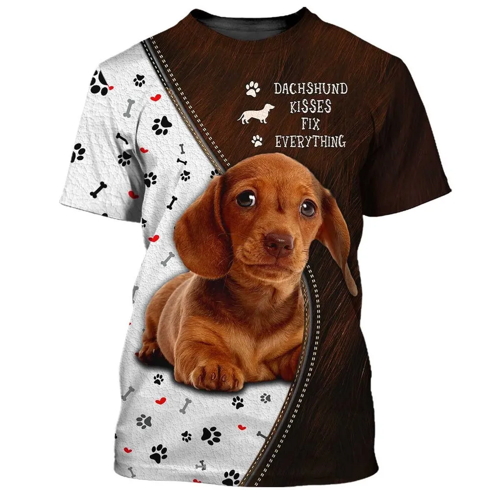 3D Dog T Shirts, Dachshund Kisses Fix Everything Brown All Over Print T-Shirt, Gift For Pet Loves