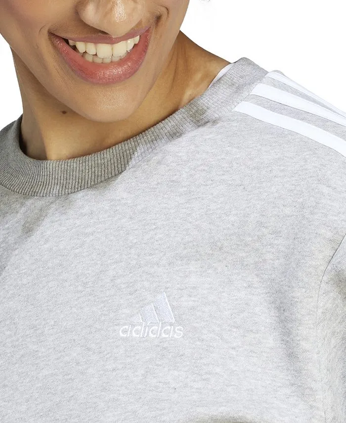 adidas Women's 3 Stripe Cotton Fleece Crewneck Sweatshirt, Gray