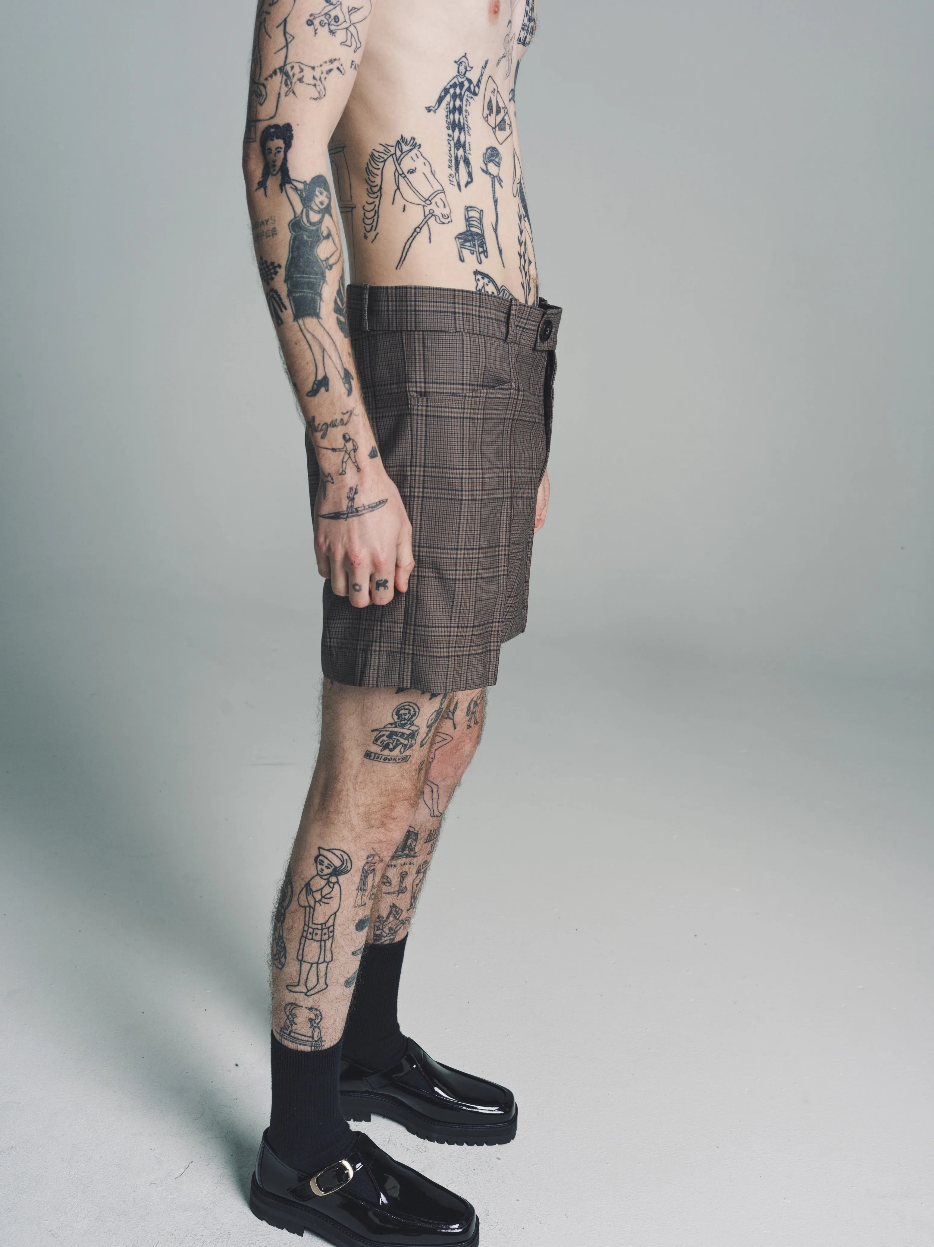 Beige & Brown Check Wool Tailored Shorts