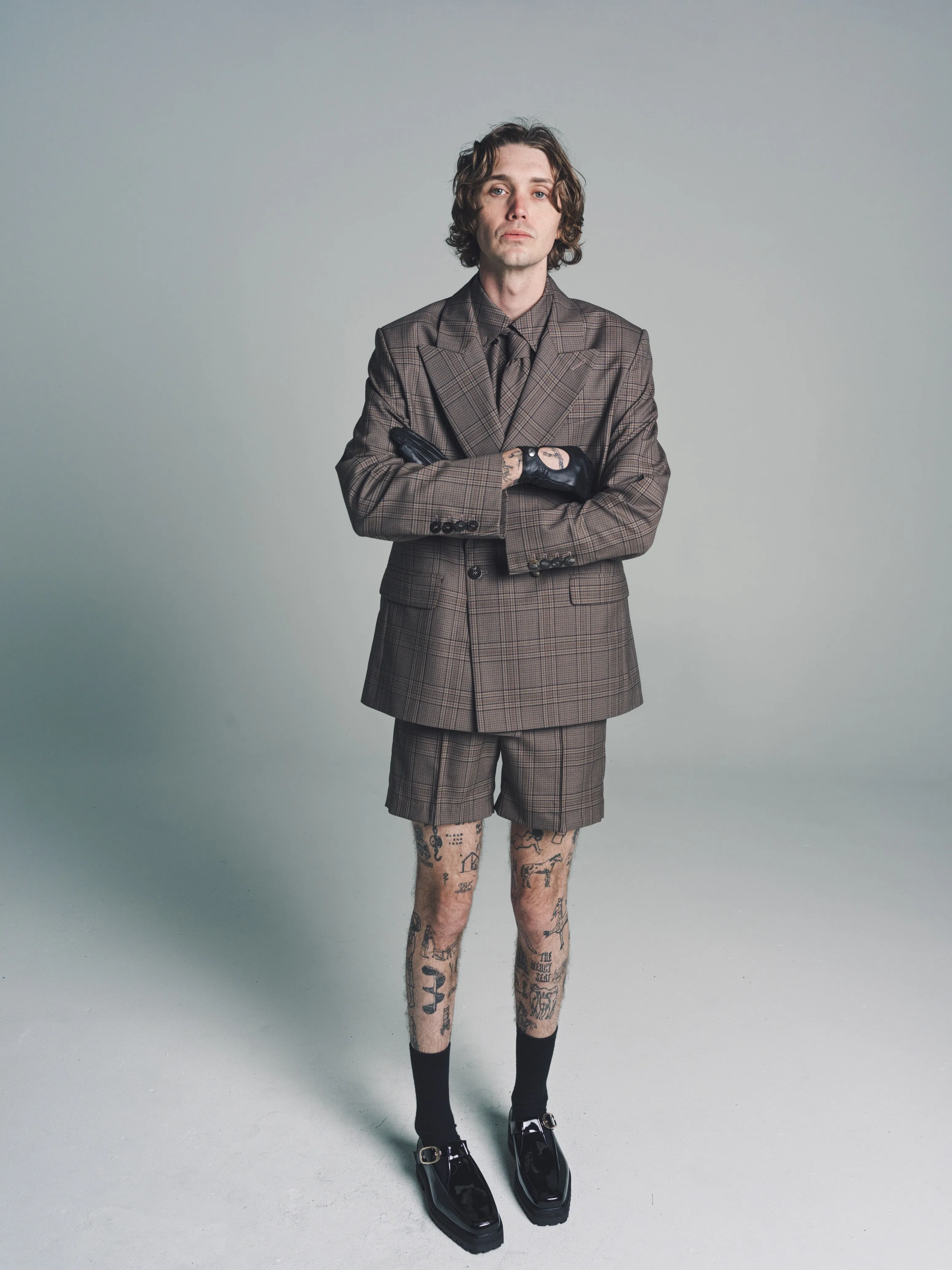 Beige & Brown Check Wool Tailored Shorts