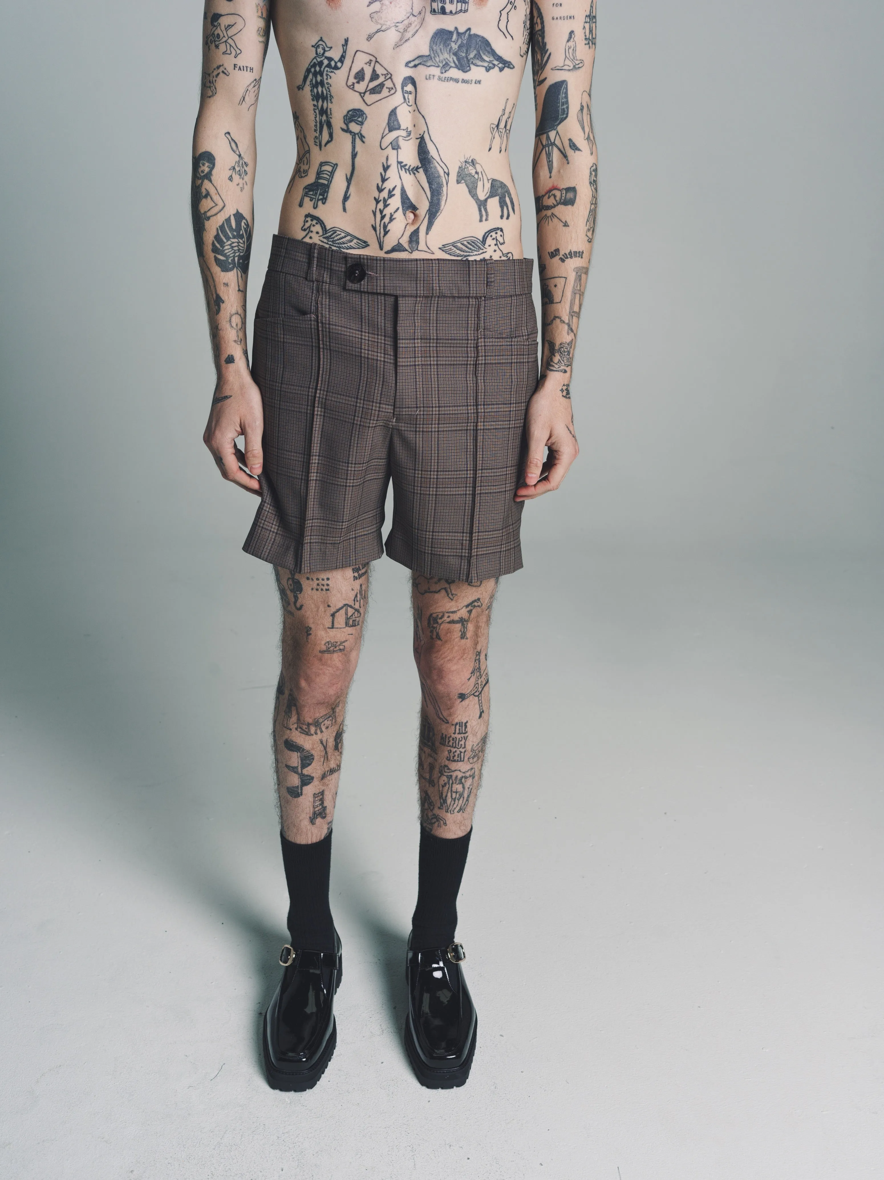 Beige & Brown Check Wool Tailored Shorts