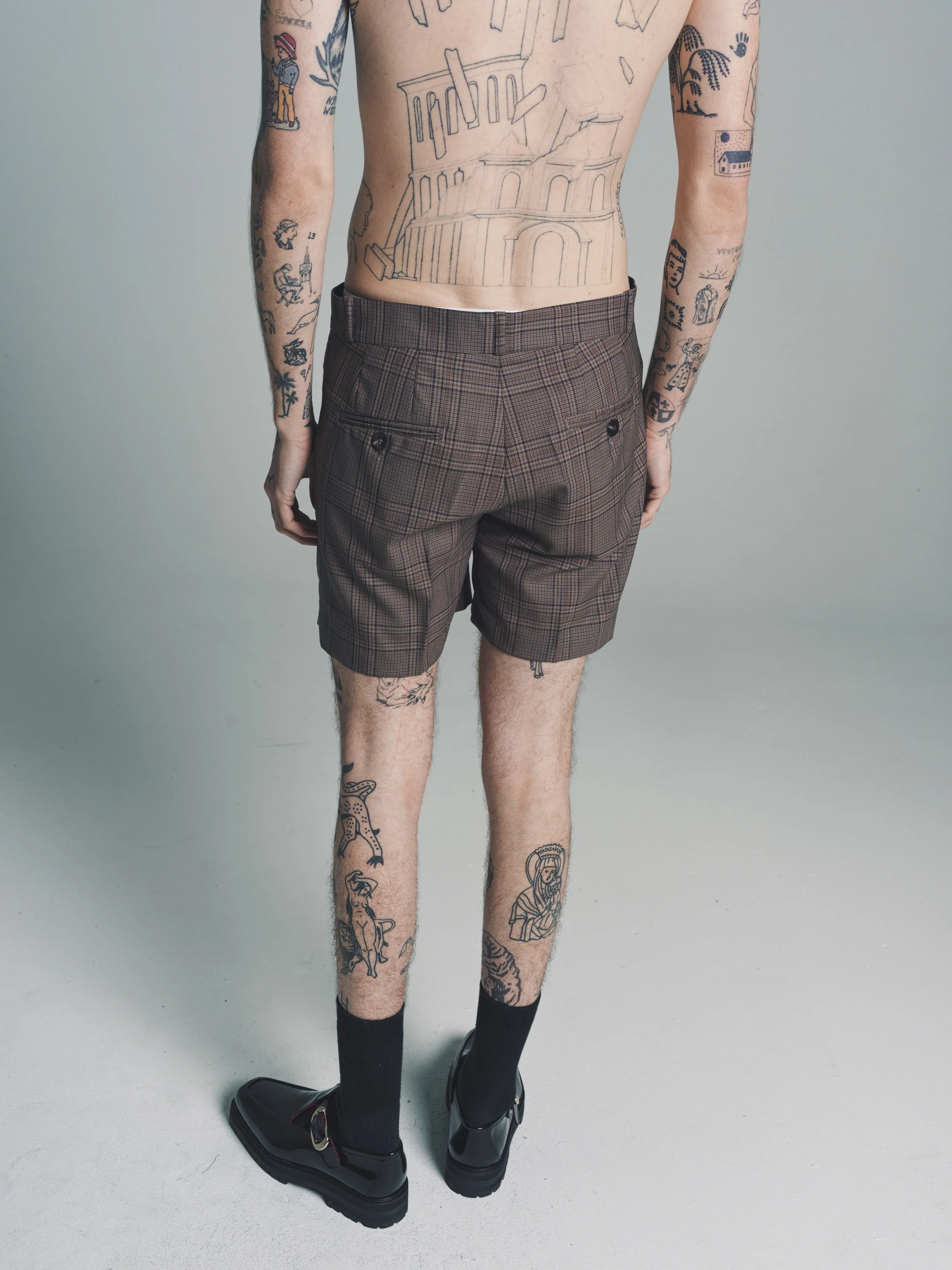 Beige & Brown Check Wool Tailored Shorts