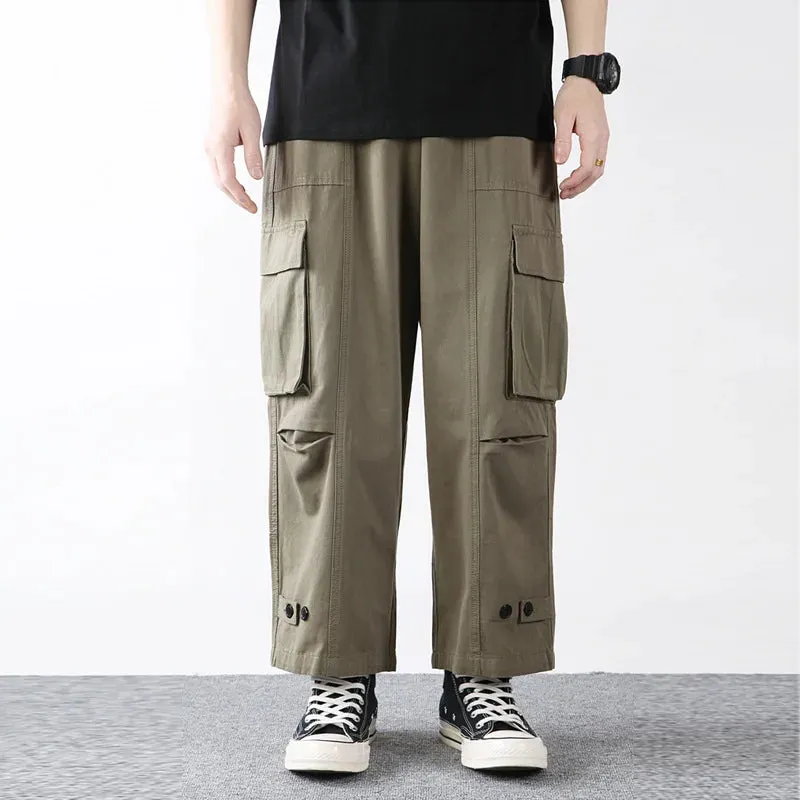 Casual Cargo Pants Men Baggy Wide-leg Cropped Work Trousers