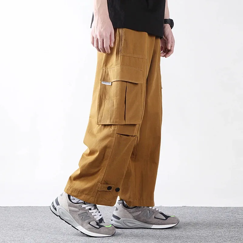 Casual Cargo Pants Men Baggy Wide-leg Cropped Work Trousers