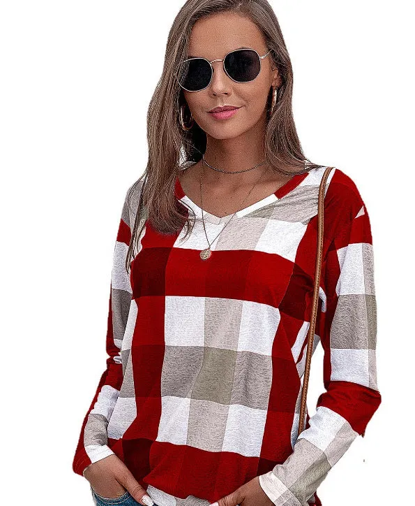 Comfortable long-sleeved women's plaid contrast color cotton and linen top