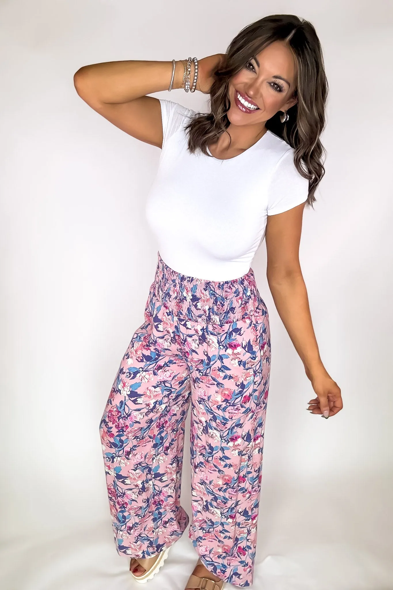 Exclusive Floral Print Smocked Flowy Pants