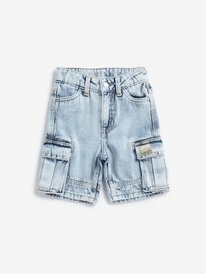 HOP Kids Blue Faded Mid-Rise Cargo Shorts