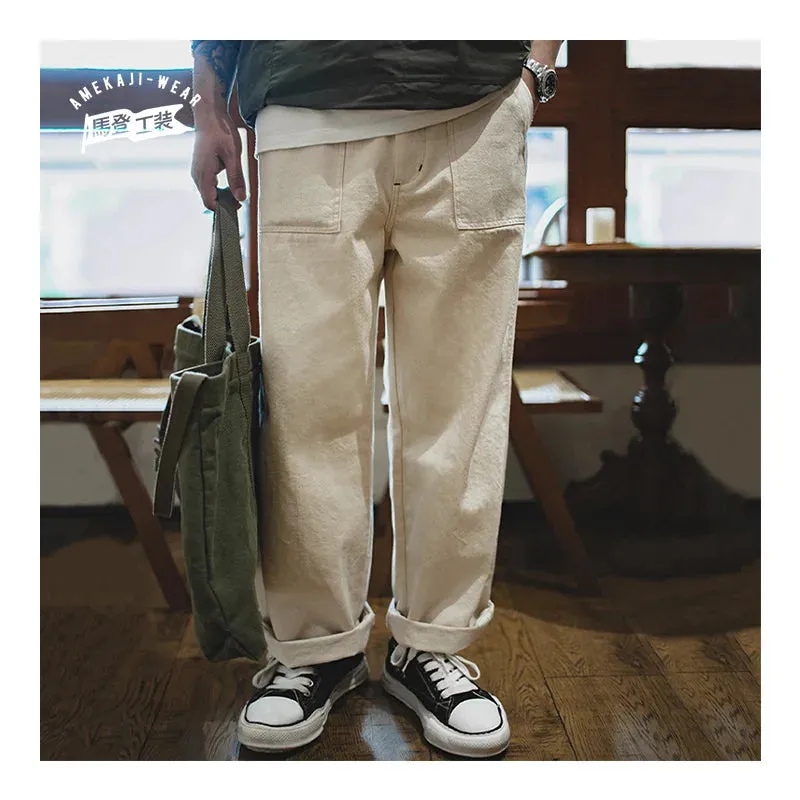 Japanese Retro Cotton Seed Shell Rice White Casual Jeans Straight Long Cargo Pants