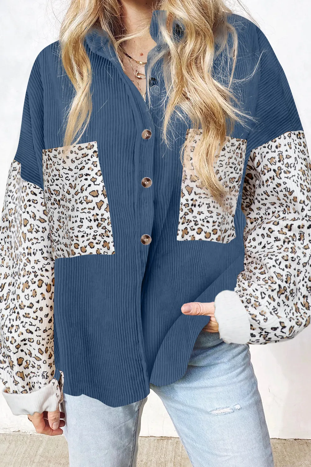 Leopard Patchwork Corduroy Buttoned Shirt Jacket