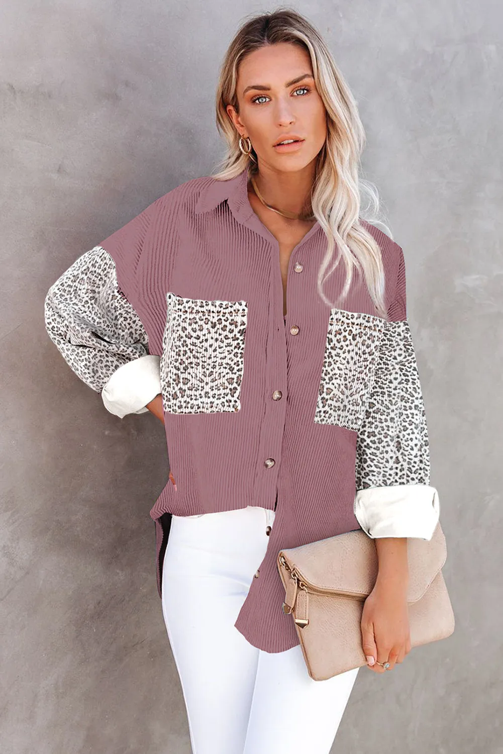 Leopard Patchwork Corduroy Buttoned Shirt Jacket