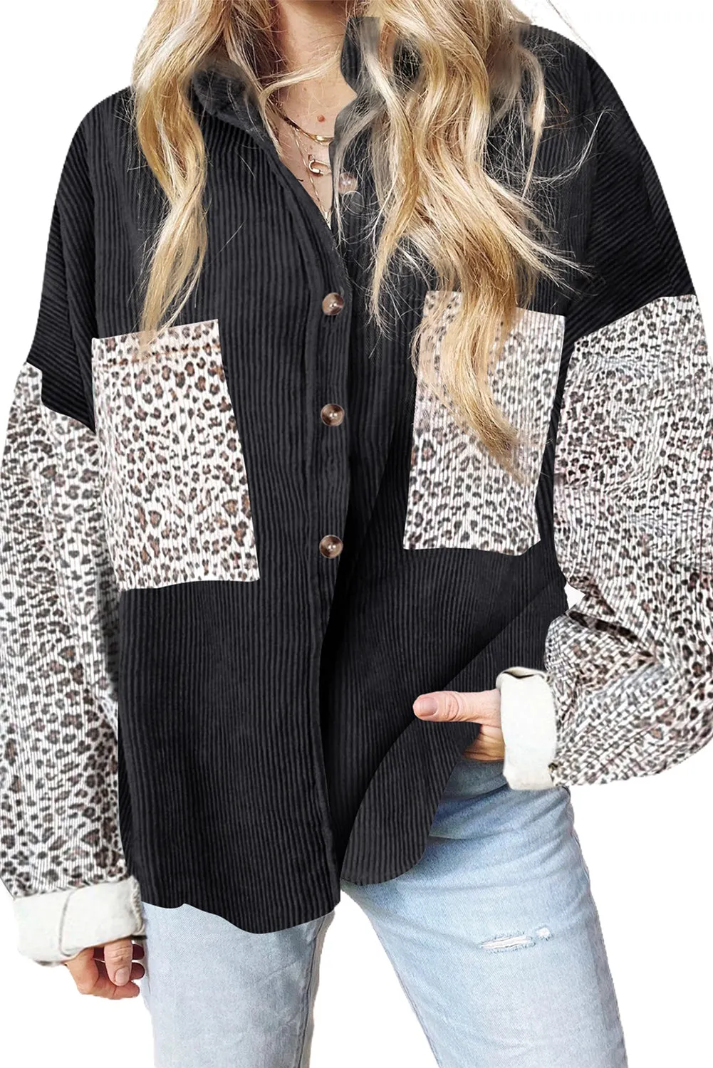 Leopard Patchwork Corduroy Buttoned Shirt Jacket