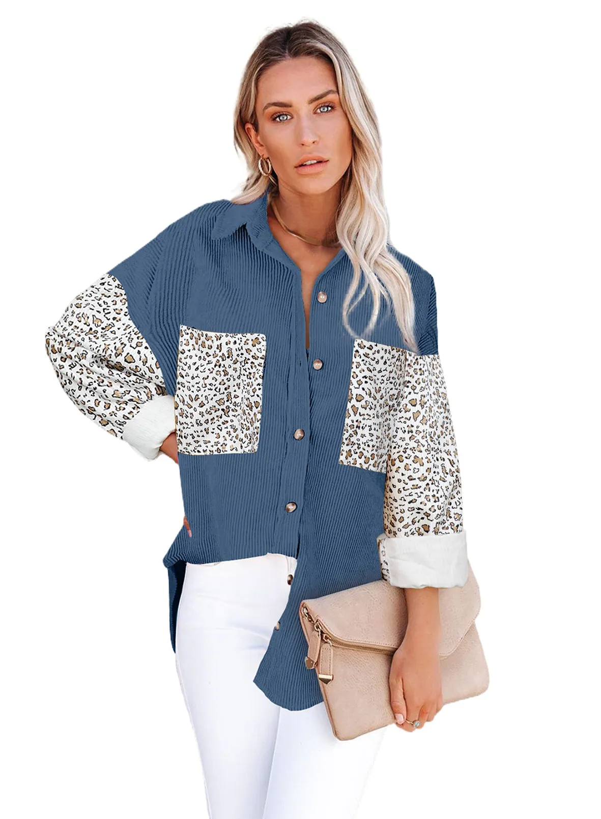 Leopard Patchwork Corduroy Buttoned Shirt Jacket