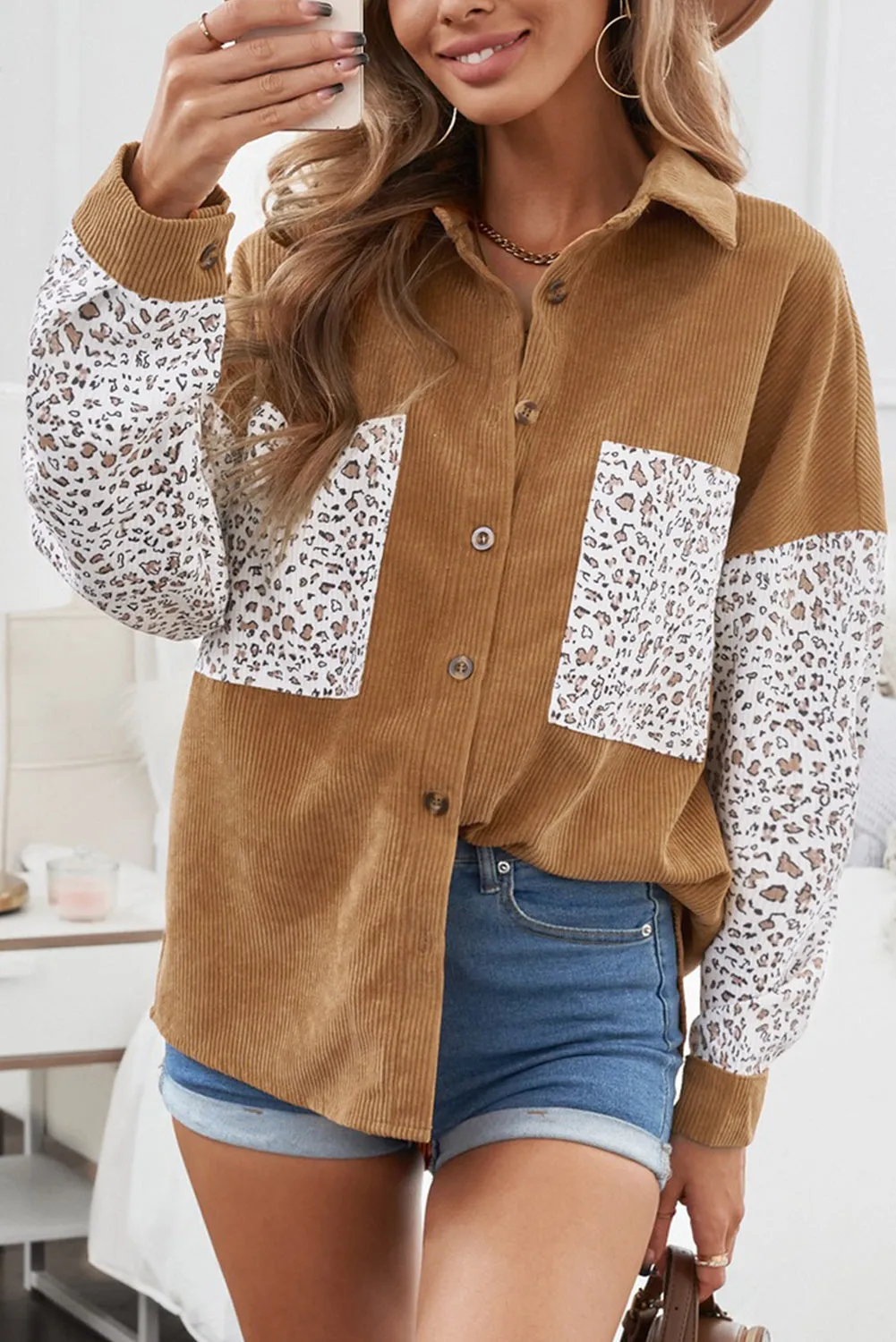 Leopard Patchwork Corduroy Buttoned Shirt Jacket