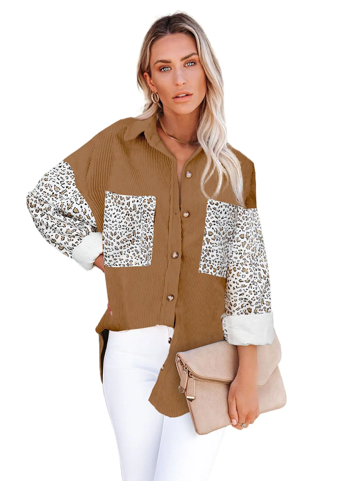 Leopard Patchwork Corduroy Buttoned Shirt Jacket