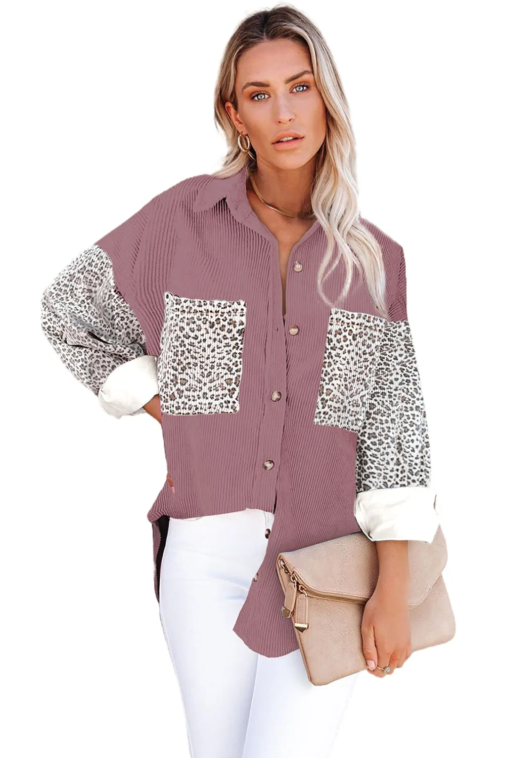 Leopard Patchwork Corduroy Buttoned Shirt Jacket