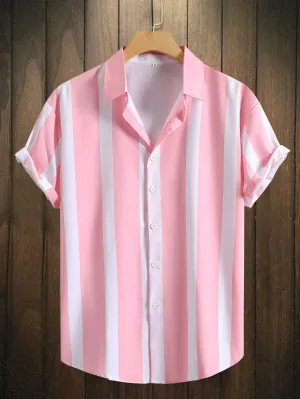 Men Random Vertical Striped Shirt  Summer Short Sleeve Printed Shirt Thin Beach Shirt  Men Casual Top