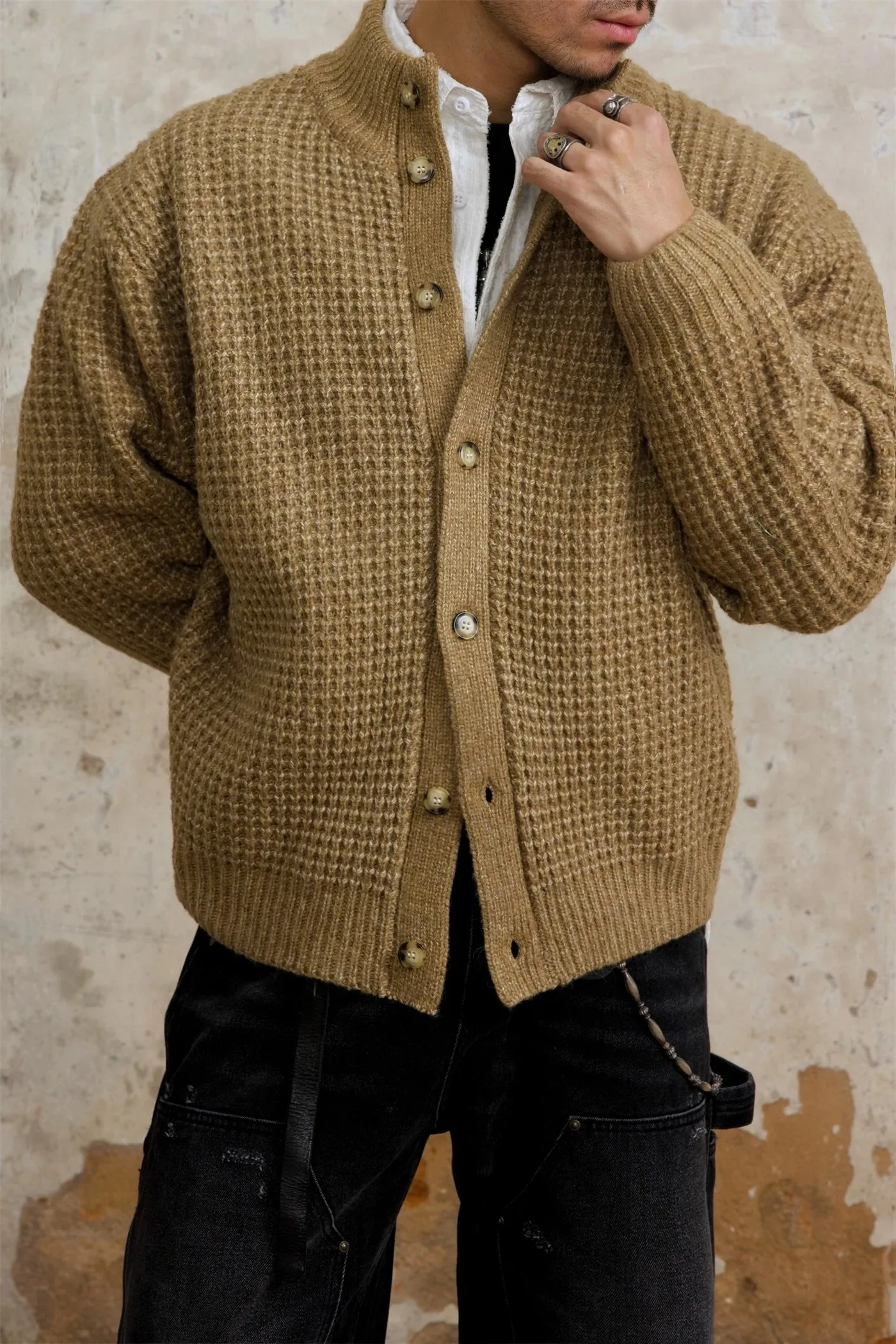 Men's Stand Collar Waffle Woolen Cardigan