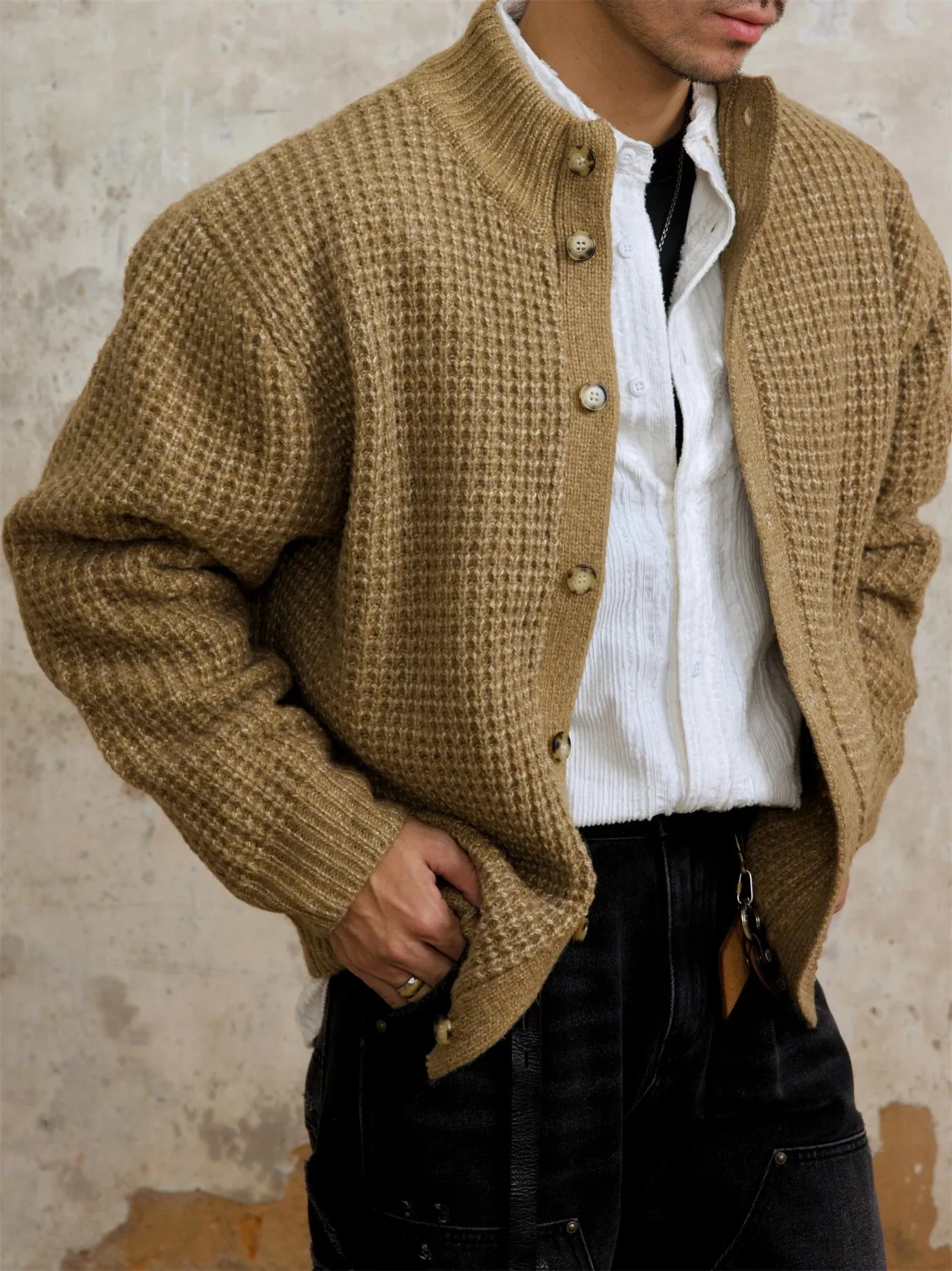 Men's Stand Collar Waffle Woolen Cardigan