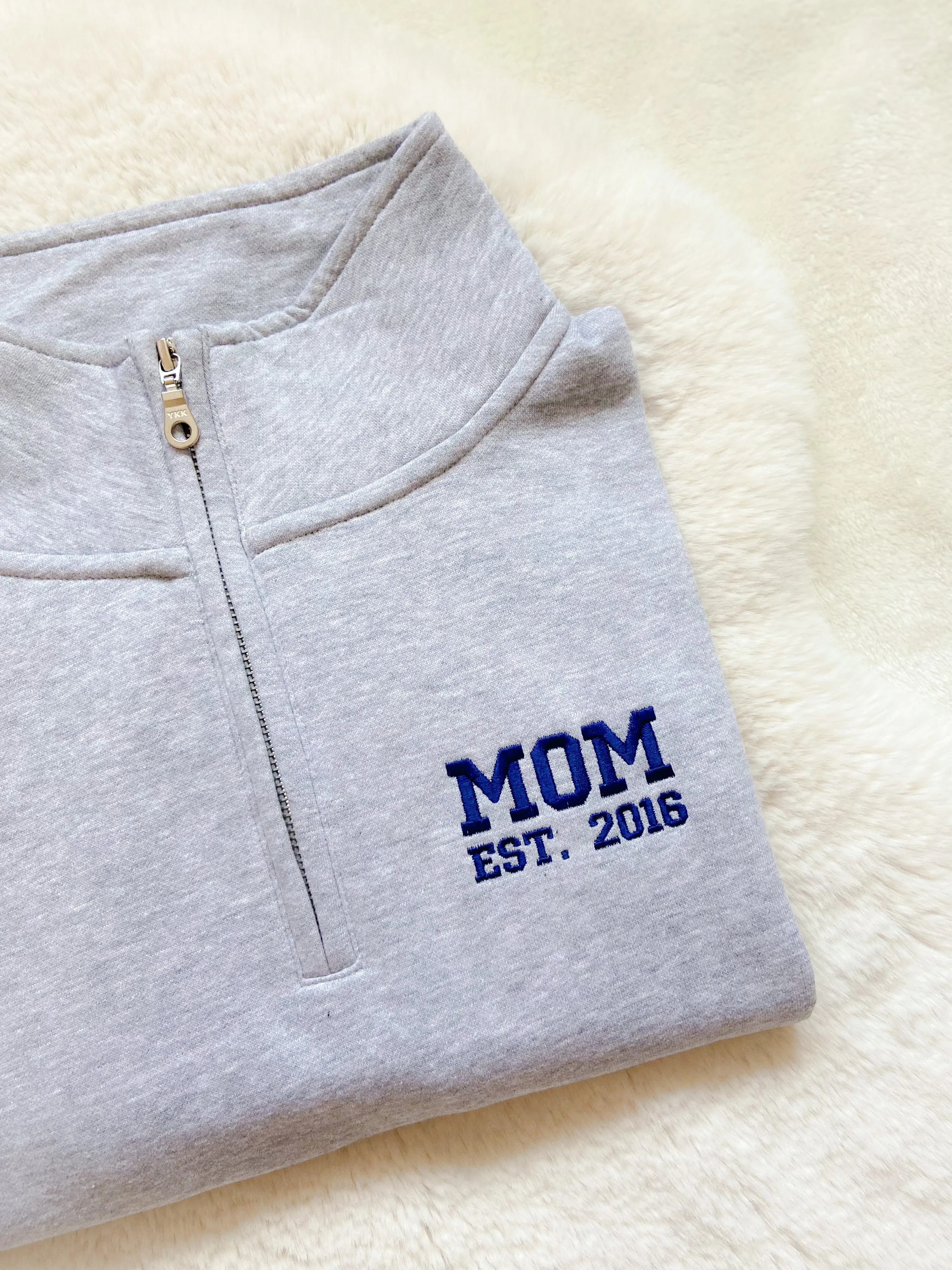 Mom Est Custom Embroidered Quarter Zip Sweater