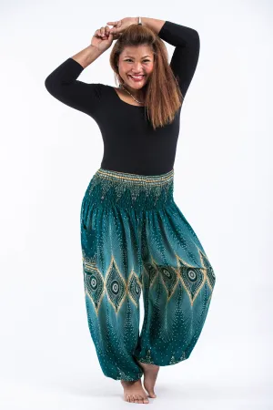 Plus Size Unisex Diamond Peacock Harem Pants in Turquoise