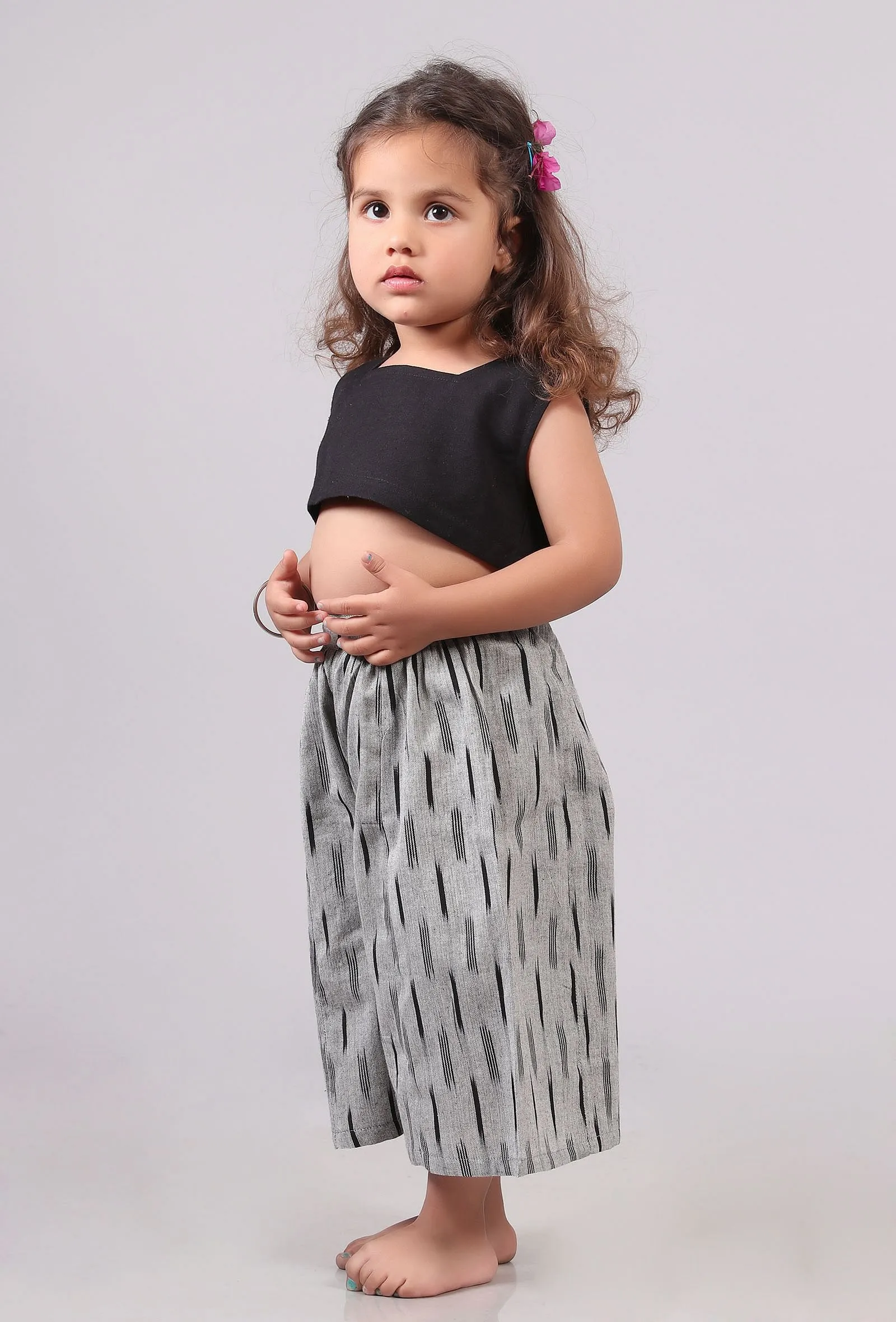 Set of 2: Black Cotton Crop Top with Pants