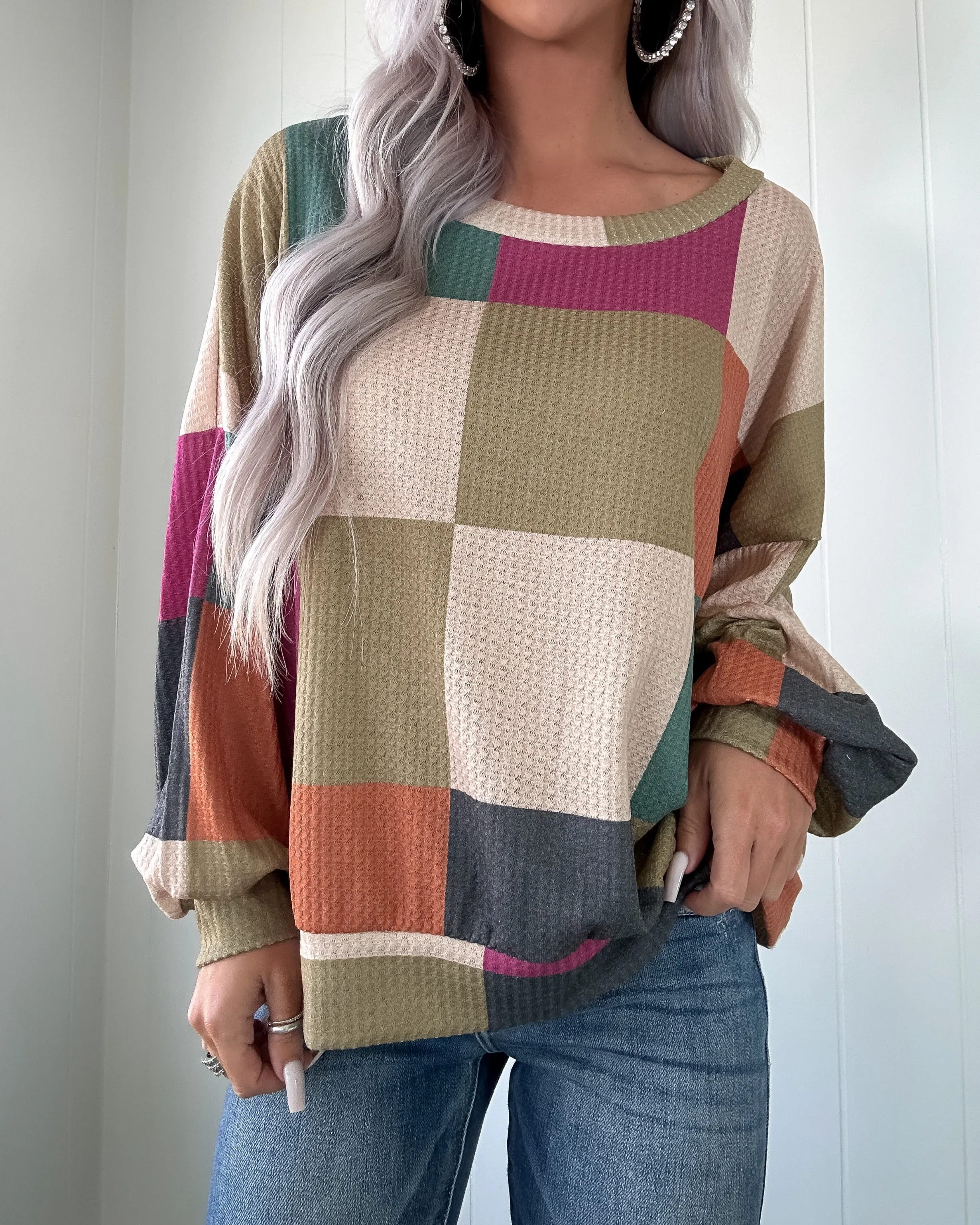 Simply Sweet Checkered Sweatshirt - Olive/Teal