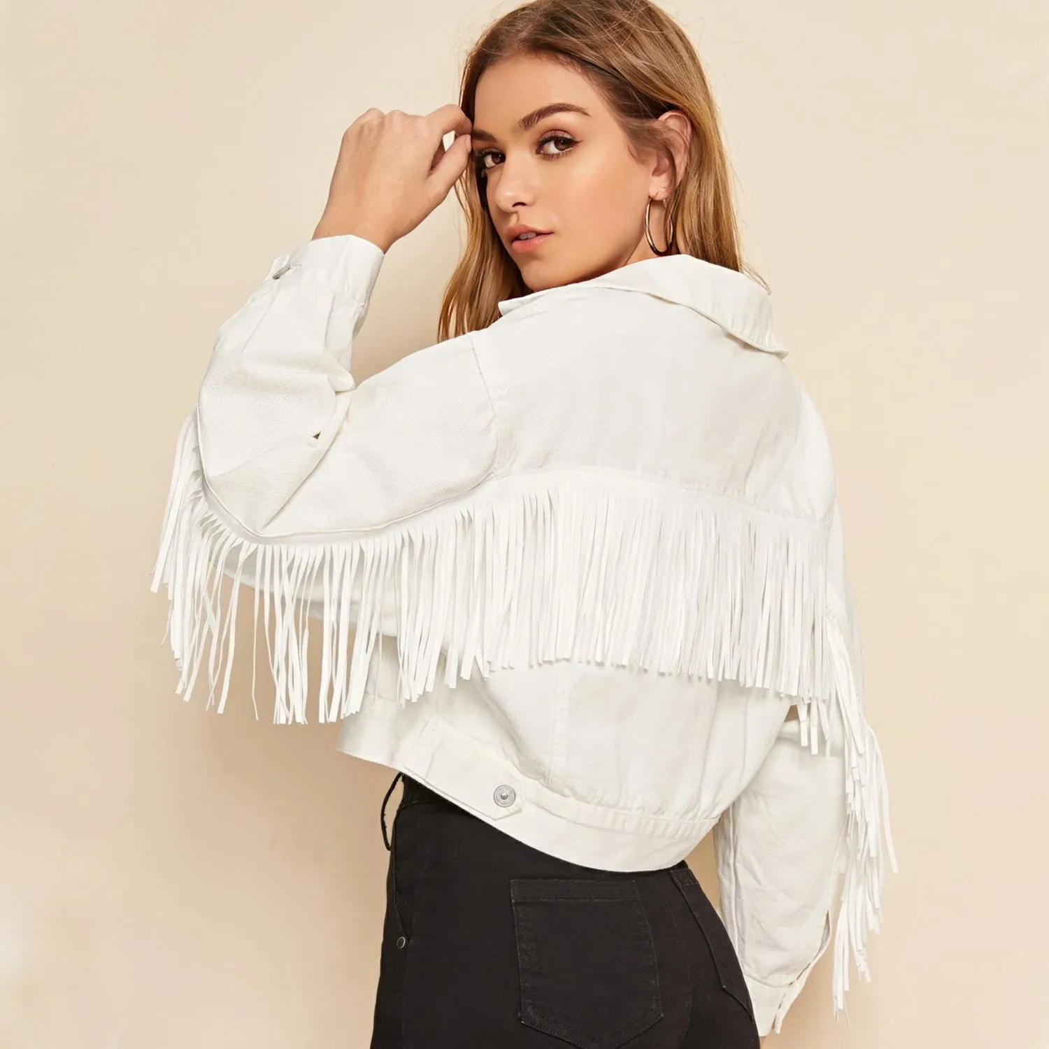 Stylish Women's White Denim Crop Top with Tassels - Perfect for Spring and Autumn - Casual and Classic Fringe Jeans Jacket