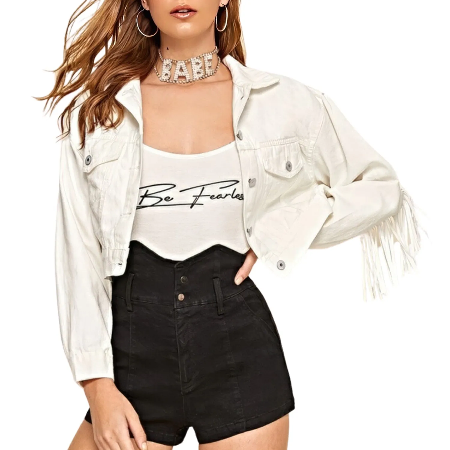 Stylish Women's White Denim Crop Top with Tassels - Perfect for Spring and Autumn - Casual and Classic Fringe Jeans Jacket