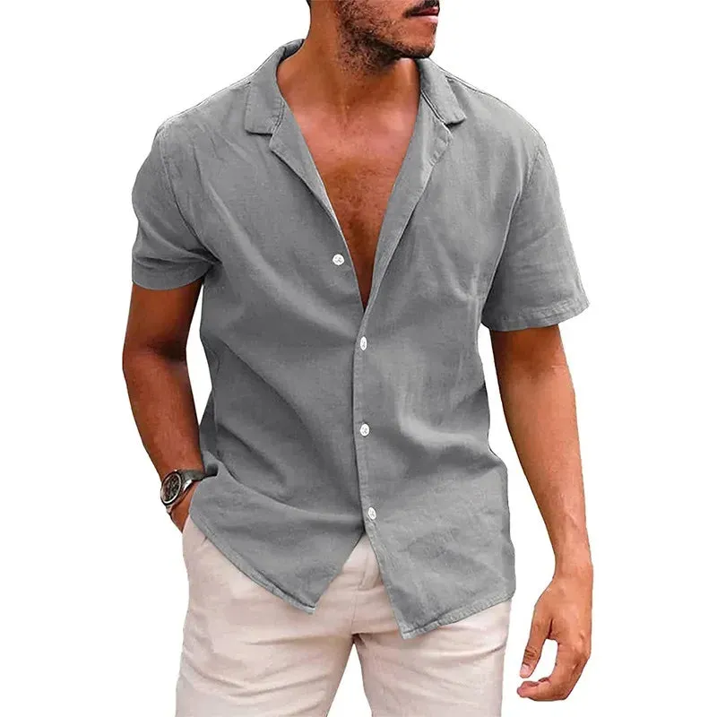 Summer Men's Cotton Linen Shirt Solid Lapel Neck Single-Breasted Short Sleeved Tops Fashion Casual High Street Men's Clothing