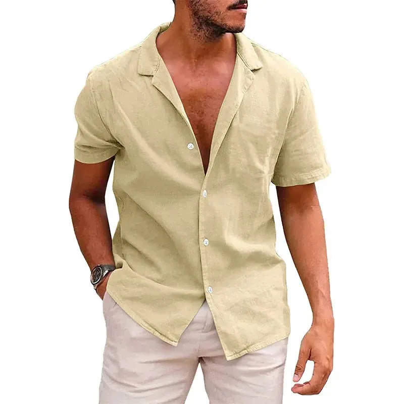 Summer Men's Cotton Linen Shirt Solid Lapel Neck Single-Breasted Short Sleeved Tops Fashion Casual High Street Men's Clothing