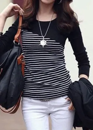 Trendy Long Sleeve Stripe Print Black T Shirt