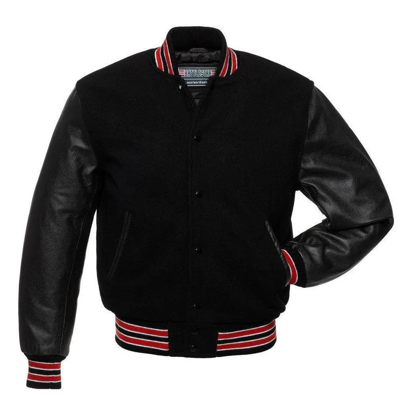 Warrior Gears Classic Hybrid Varsity Jacket for Kids, Toddler Letterman Bomber Jacket for Boys, Unisex Varsity Jacket Girls, All Black Pure Wool Body & Cowhide Leather Sleeves with Red Ribbon