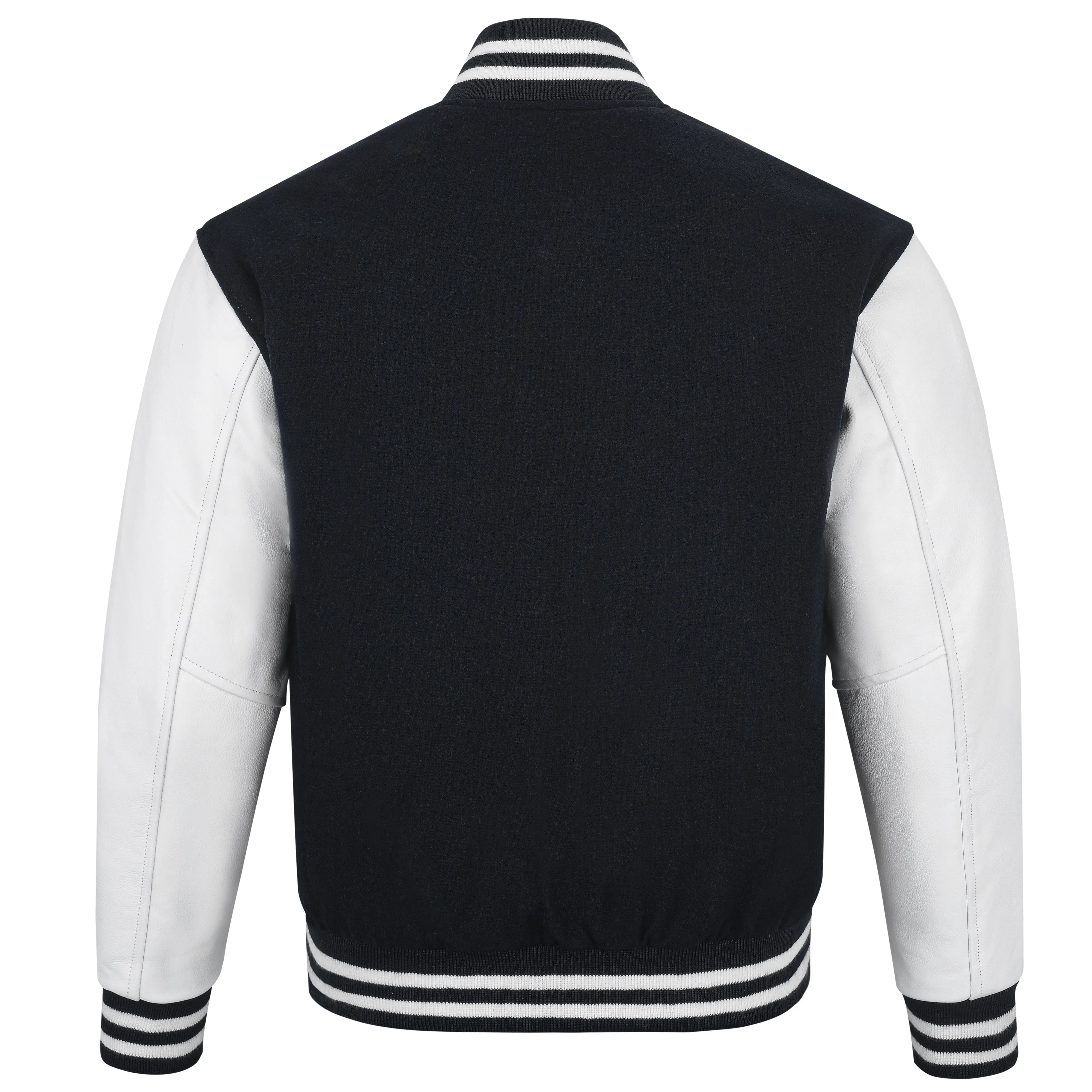 Warrior Gears Classic Hybrid Varsity Jacket University Letterman Bomber Jacket, Pure Wool & Original Cowhide Leather Jacket, Black Pure Wool Body & White Real Leather Sleeves