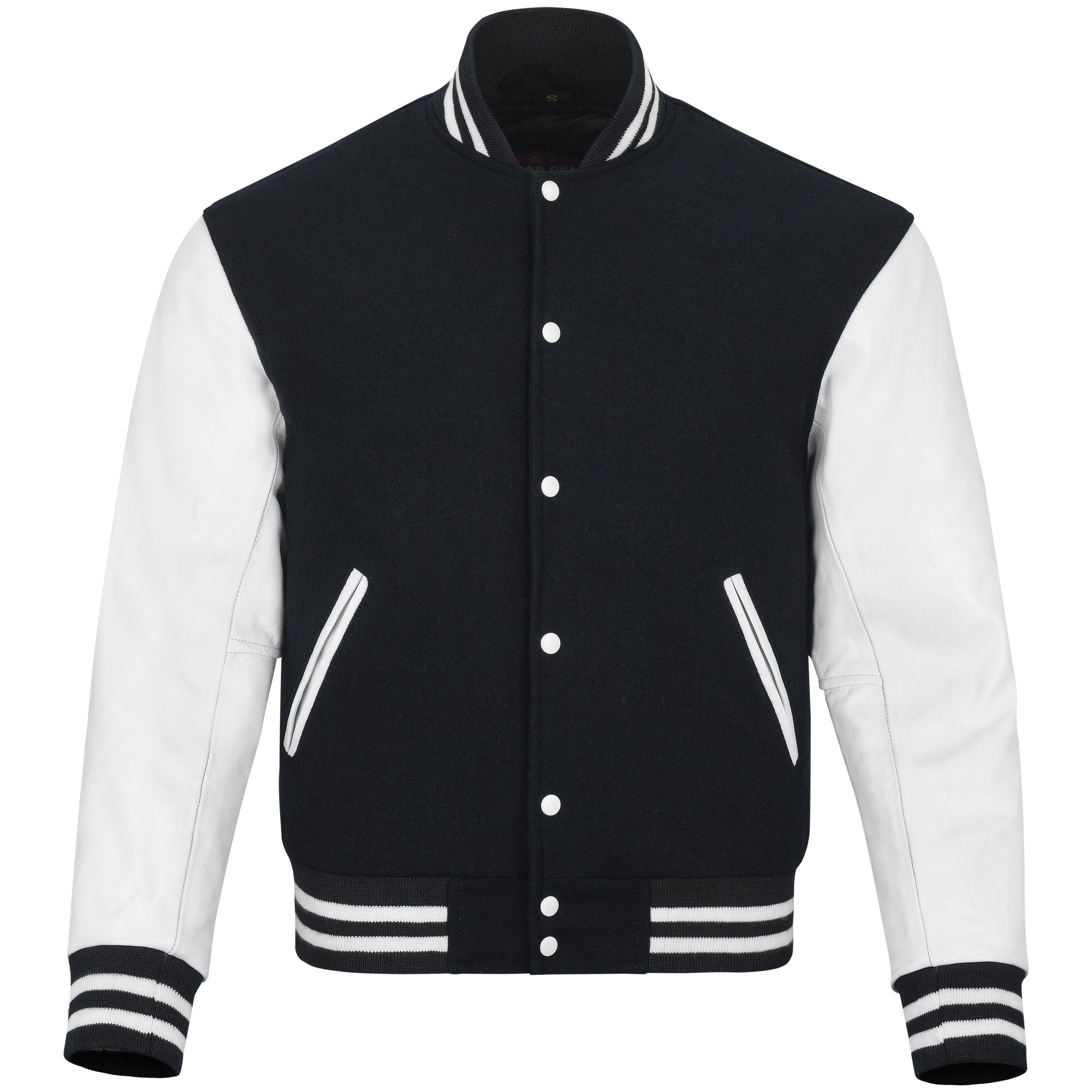 Warrior Gears Classic Hybrid Varsity Jacket University Letterman Bomber Jacket, Pure Wool & Original Cowhide Leather Jacket, Black Pure Wool Body & White Real Leather Sleeves