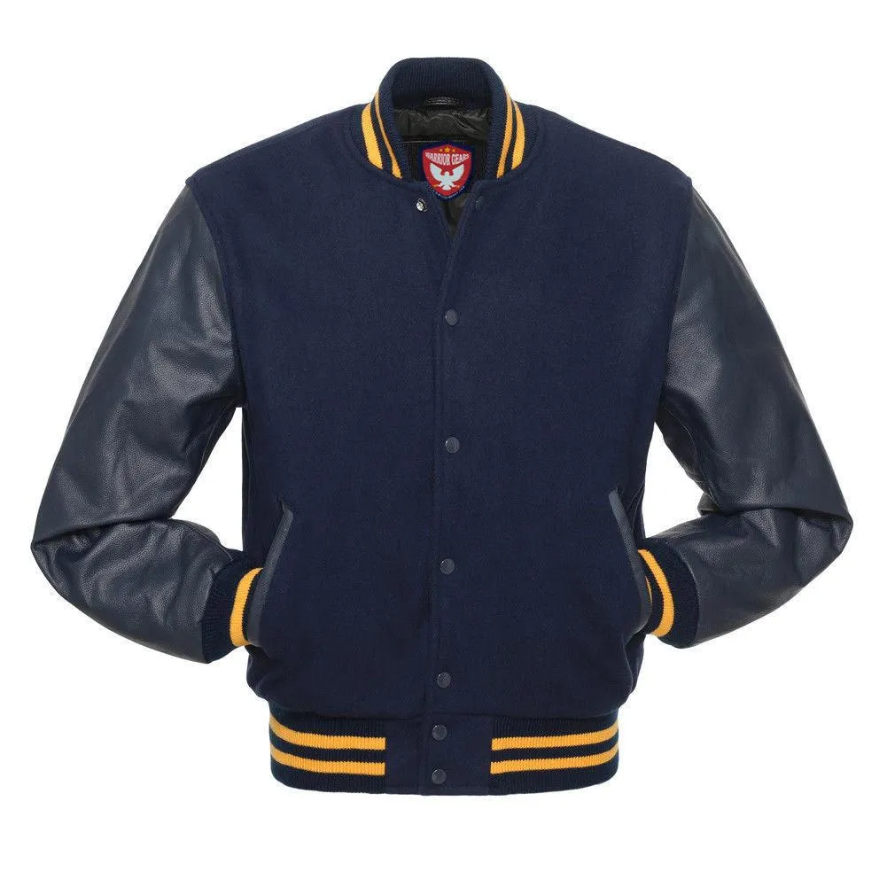 Warrior Gears Classic Hybrid Varsity Jacket University Letterman Bomber Jacket, Pure Wool & Original Cowhide Leather Jacket, Navy Blue Pure Wool Body & Navy Real Leather Sleeves