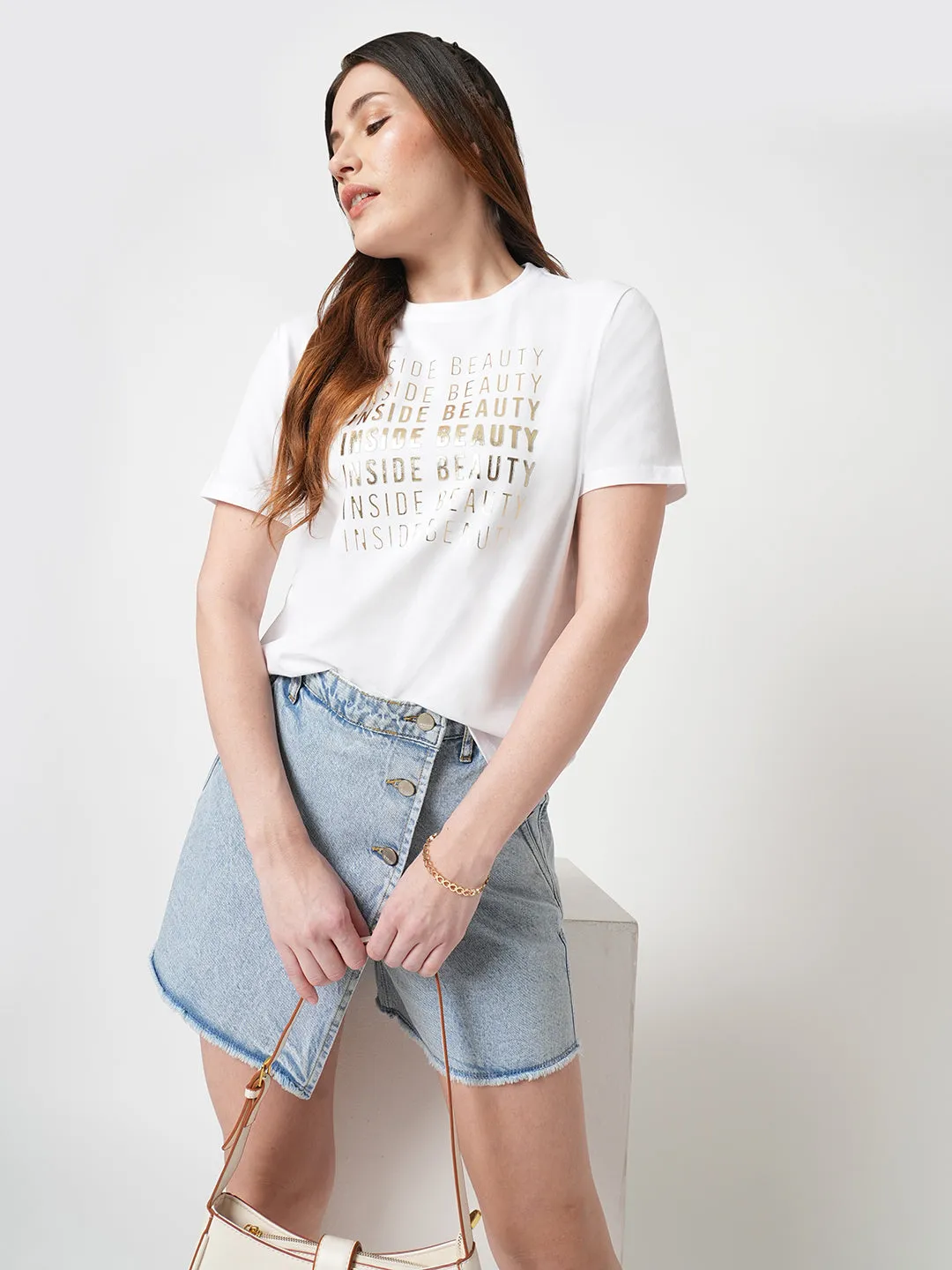 Women Chest Printed Slim Fit White Boxy T-Shirt