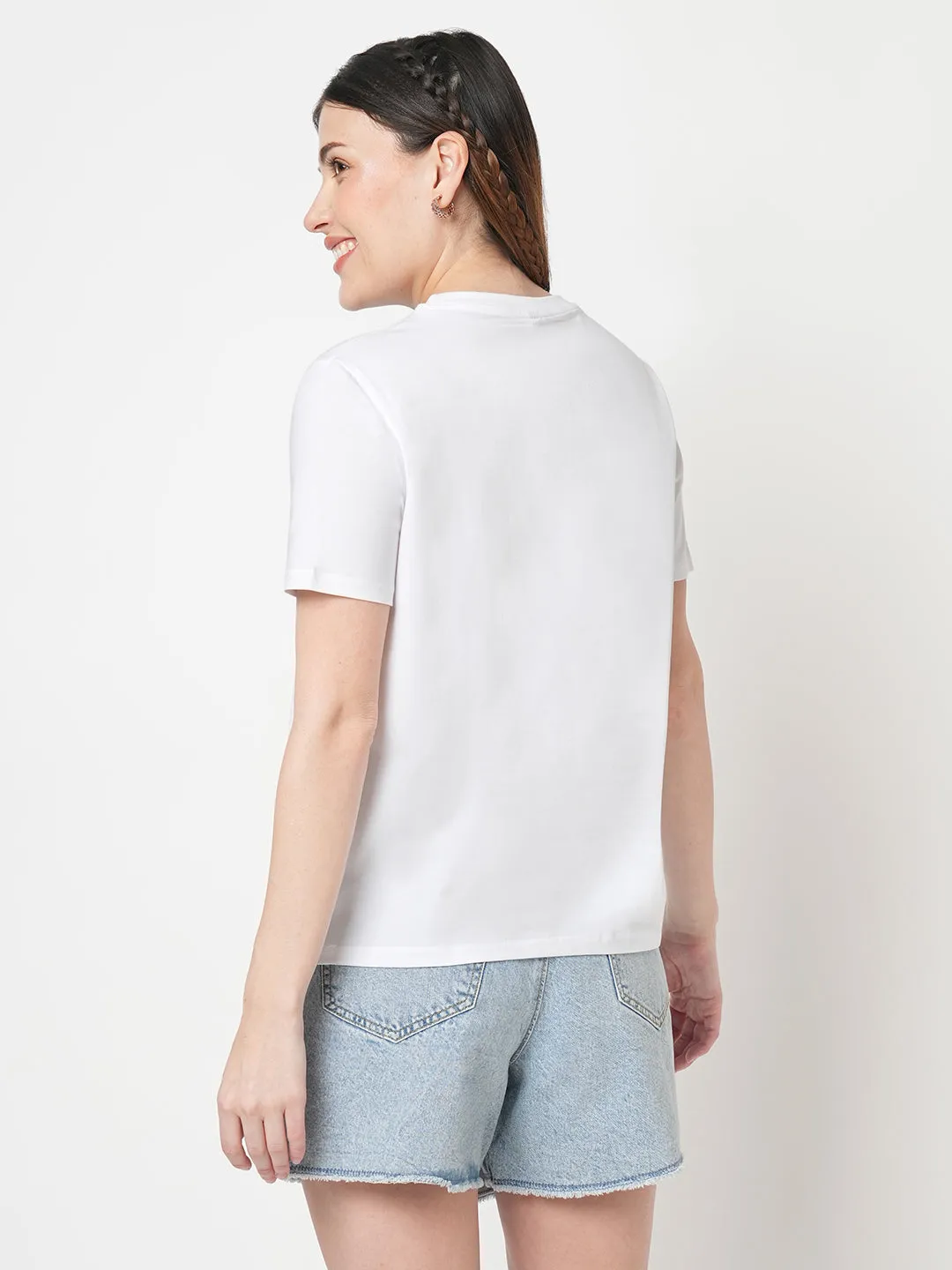 Women Chest Printed Slim Fit White Boxy T-Shirt