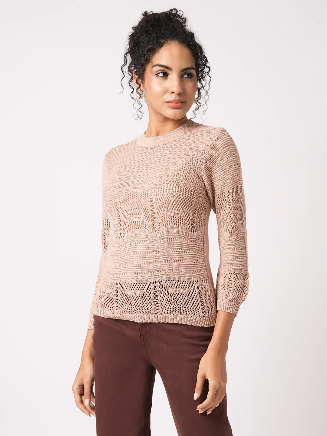 Women Slim Fit Beige Flat Knit