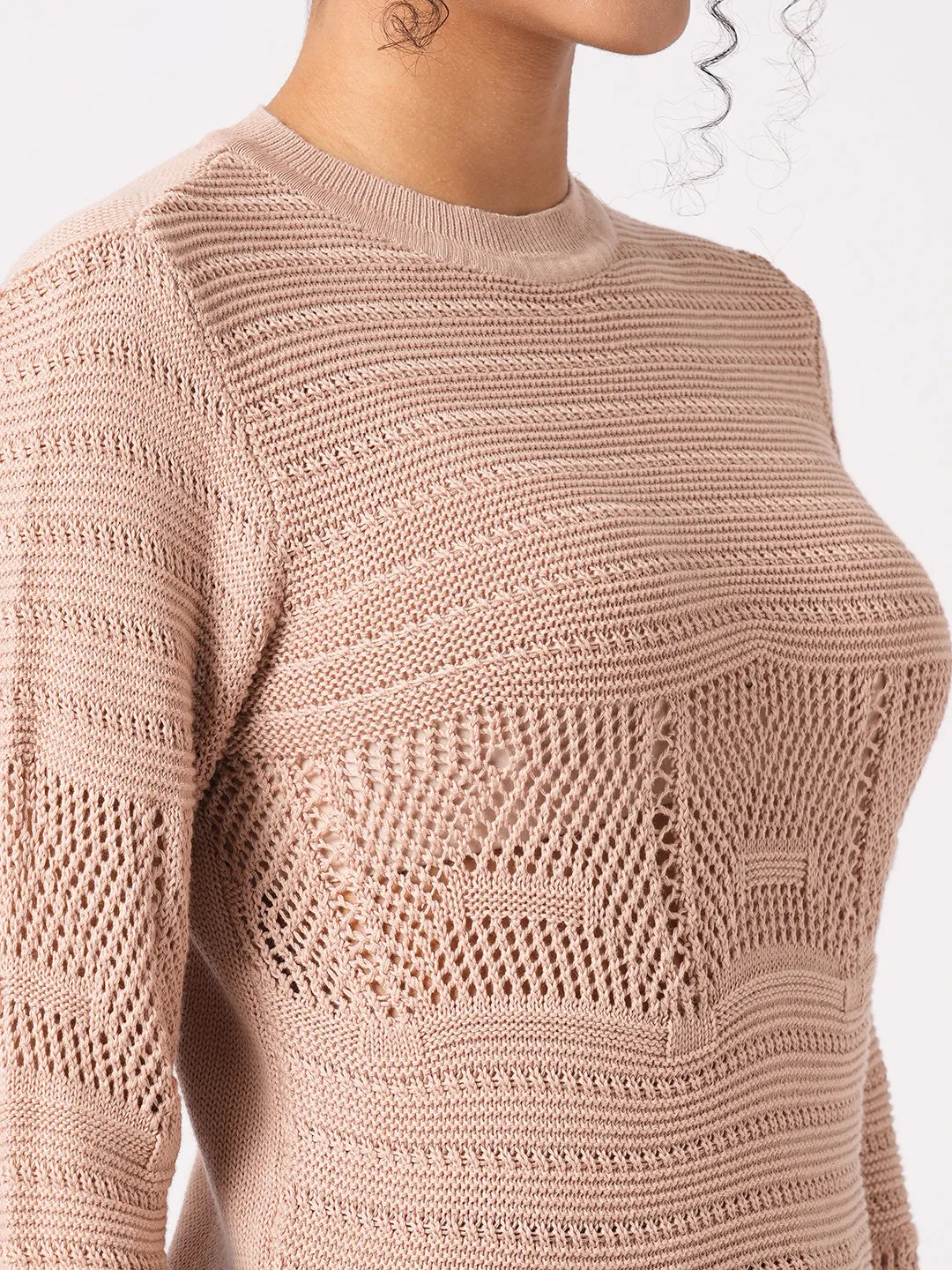 Women Slim Fit Beige Flat Knit