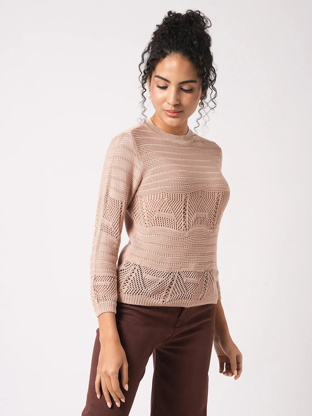 Women Slim Fit Beige Flat Knit